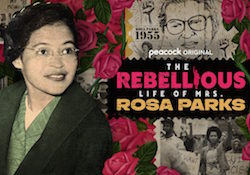 Portrait of Rosa Parks next to the title, "The Rebellious Life of Mrs. Rosa Parks"