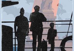 wo men and a boy look toward the Statue of Liberty while they arrive on boat