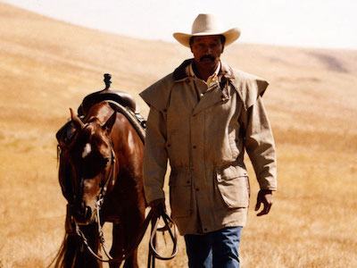 A man and a horse in a rural landscape.