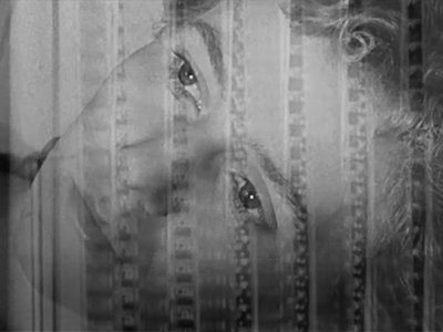 Image of film strips superimposed on a person's face.