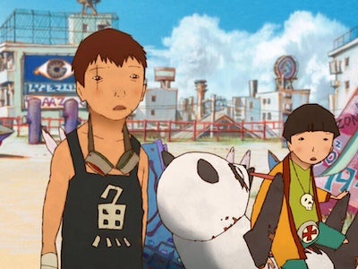 Animated scene of two boys carrying large dolls.