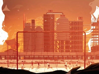 Animated image of children playing soccer in front of a factory.
