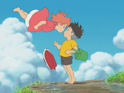 An animated scene of a girl floating in the air next to a boy.  