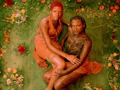 Two people looking up from a garden.