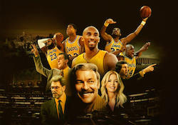 Collage of famous Los Angeles Lakers players and coaches such as LeBron James, Magic Johnson, Kober Bryant, Kareem Abdul Jabar, and Shaquille O'Neill and Phil Jackson