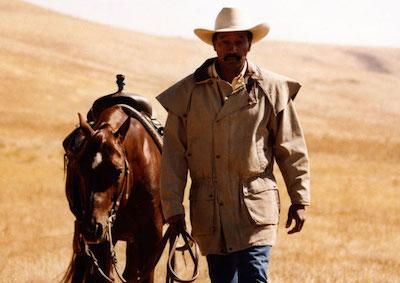 A man and a horse in a rural landscape.