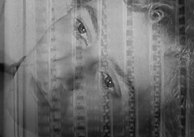 Image of film strips superimposed on a person's face.