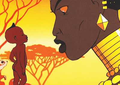 An animated film scene of a woman speaking to a very small boy in the African landscape.