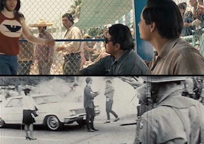 Above: Two men looking at a woman wearing the United Farm Workers symbol. Below: A soldier looking at people standing by a car surrounded by smoke.