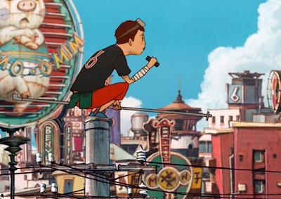 An animated scene of a boy sitting on an electrical pole and overlooking a city.