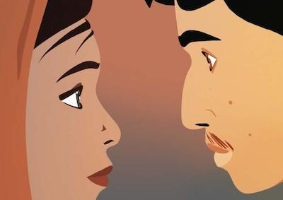 An animation of a woman and a man looking closely face to face. 