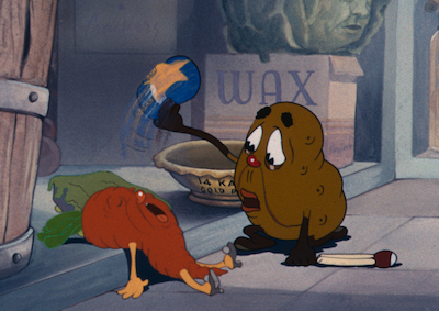 A cartoon potato fanning a carrot that has fainted.