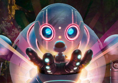 A large animated robot holding a small robot in its hand.