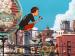 An animated scene of a boy sitting on an electrical pole and overlooking a city.