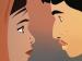 An animation of a woman and a man looking closely face to face. 