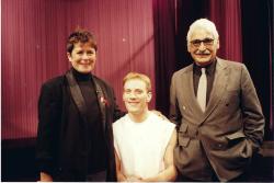 In the Life host Kate Clinton, actor David Drake, audience member Alfred Borello. Ep. 202. 1992. Credit: Charles Ignacio.