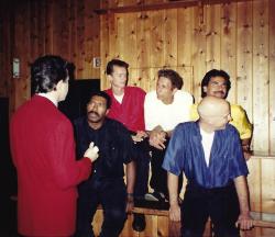 Left to right: In the Life host Garrett Glaser with The Flirtations: Cliff Townsend, Jimmy Rutland, Michael Callen, Aurelio Font (back), John Arterton. Ep. 202. 1992. Credit: Charles Ignacio.